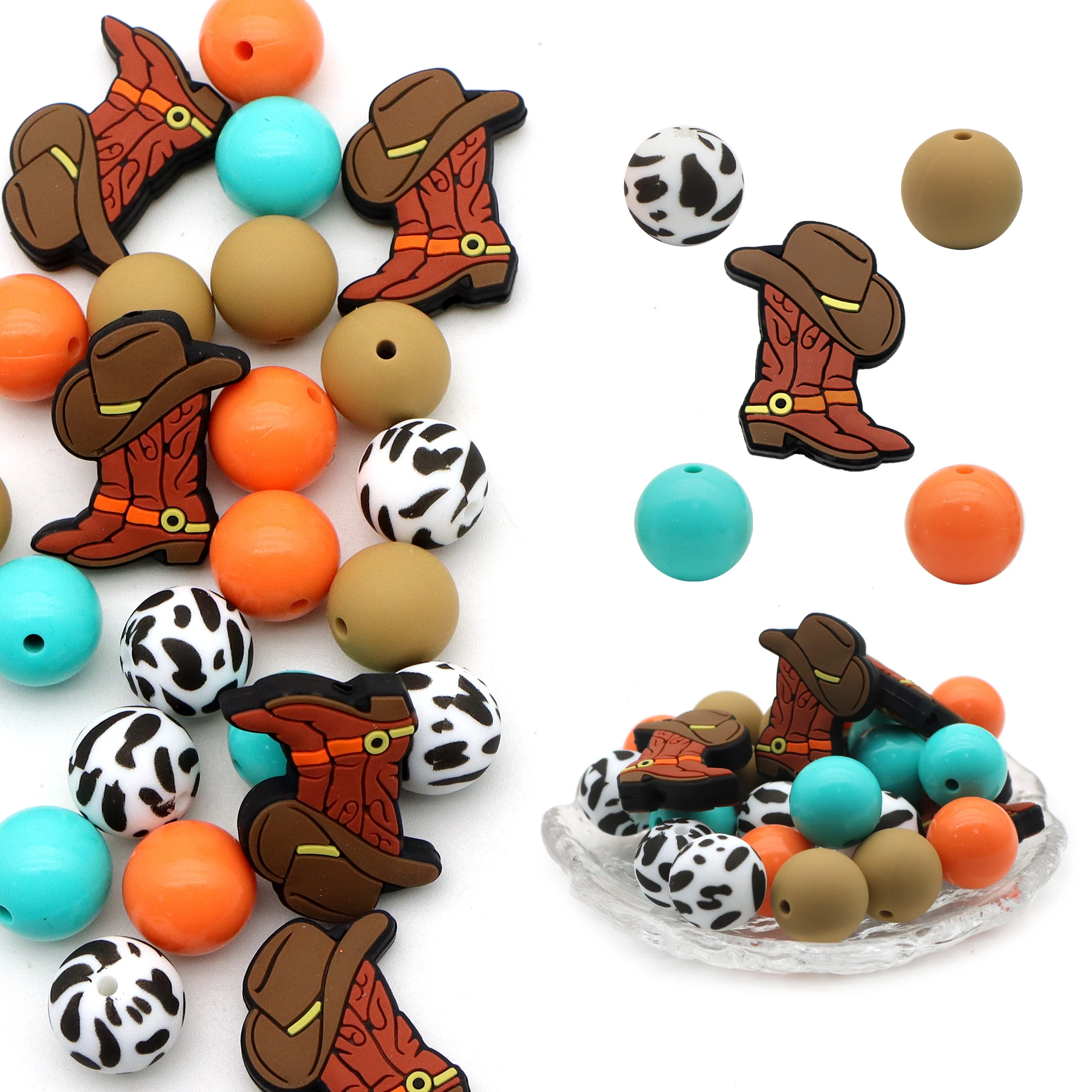 25 Pcs/Set Silicone Focal Beads Cow Pattern Loose Beads Lentil Round Set Keychain Bracelet Necklace Accessories DIY Jewelry