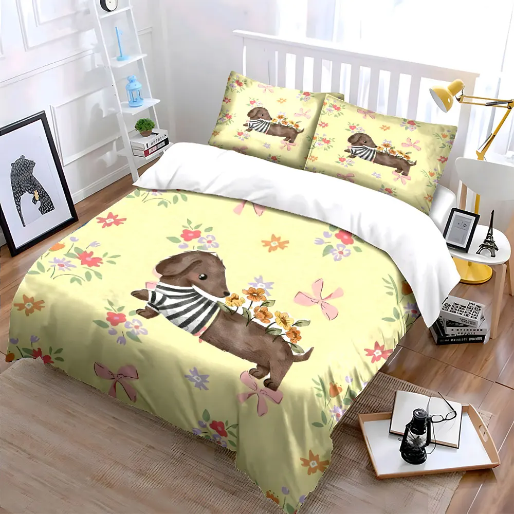 Dog with Flowers in Striped Shirt Print Bedding Set 1 Duvet Cover 2 Pillowcases for Adult and Children Luxury Gift Full Size