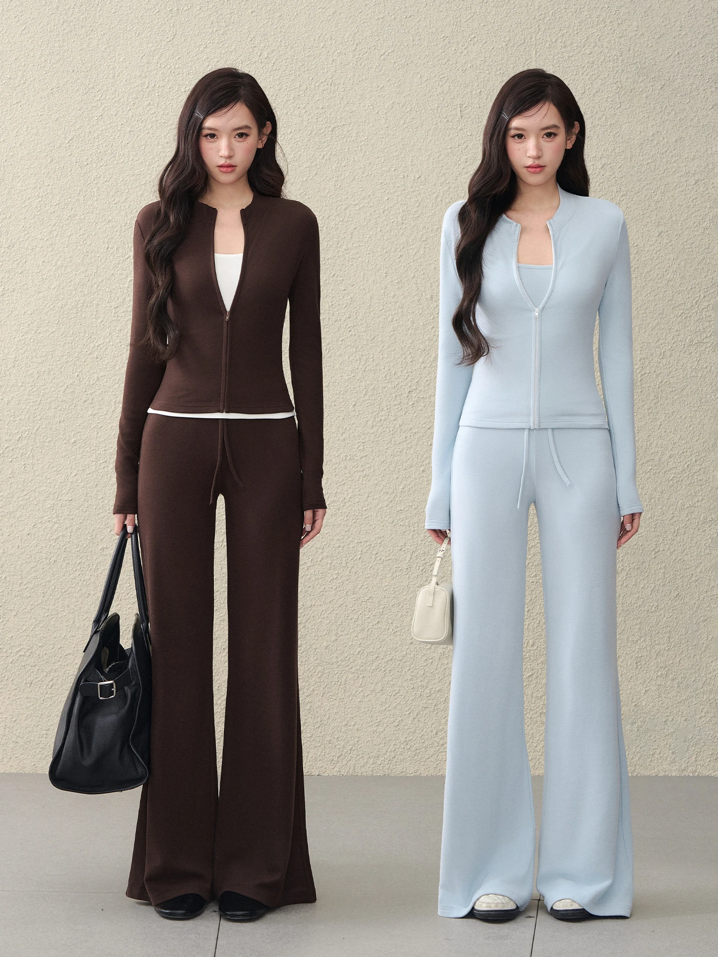 

OIOI E Korean Sle Spring Set Women's Knitted Slimming Sweatirt And Flared Knit Casual Pants Long Sve Tee Piece