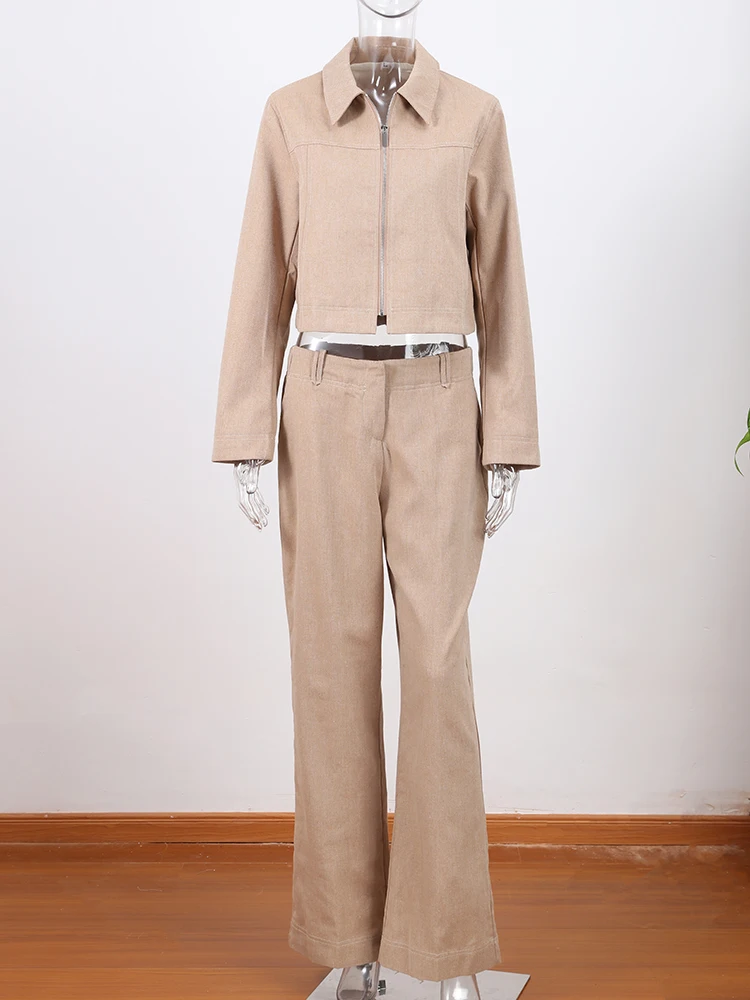

Casual Women Solid Coat Set Chic Lapel Zipper Long Sleeve Cropped Jacket And Pockets Wide Leg Pant Vintage Streetwear 2026