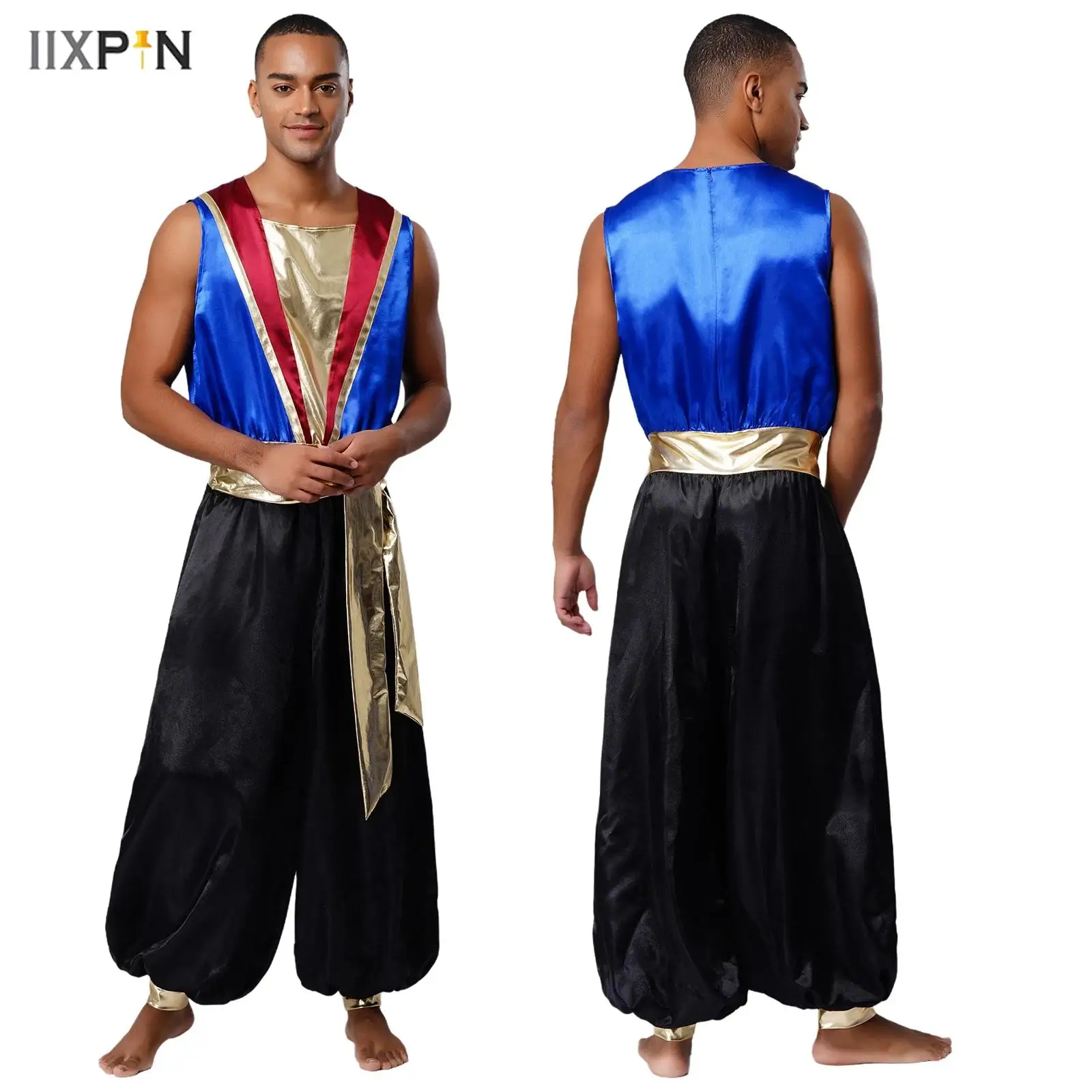 

Men's Arabian Prince Role-Playing Costume Halloween Theme Party Fancy Dress Ball Sleeveless Color Block Metallic Belted Jumpsuit