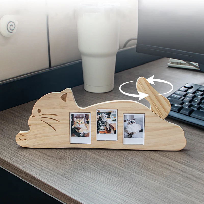 

Creative Wooden Cat Photo Frame 3-Photo Desktop Decor Pet Picture Frame with Rotating Tail Personalized Pet Memorial and Gifts