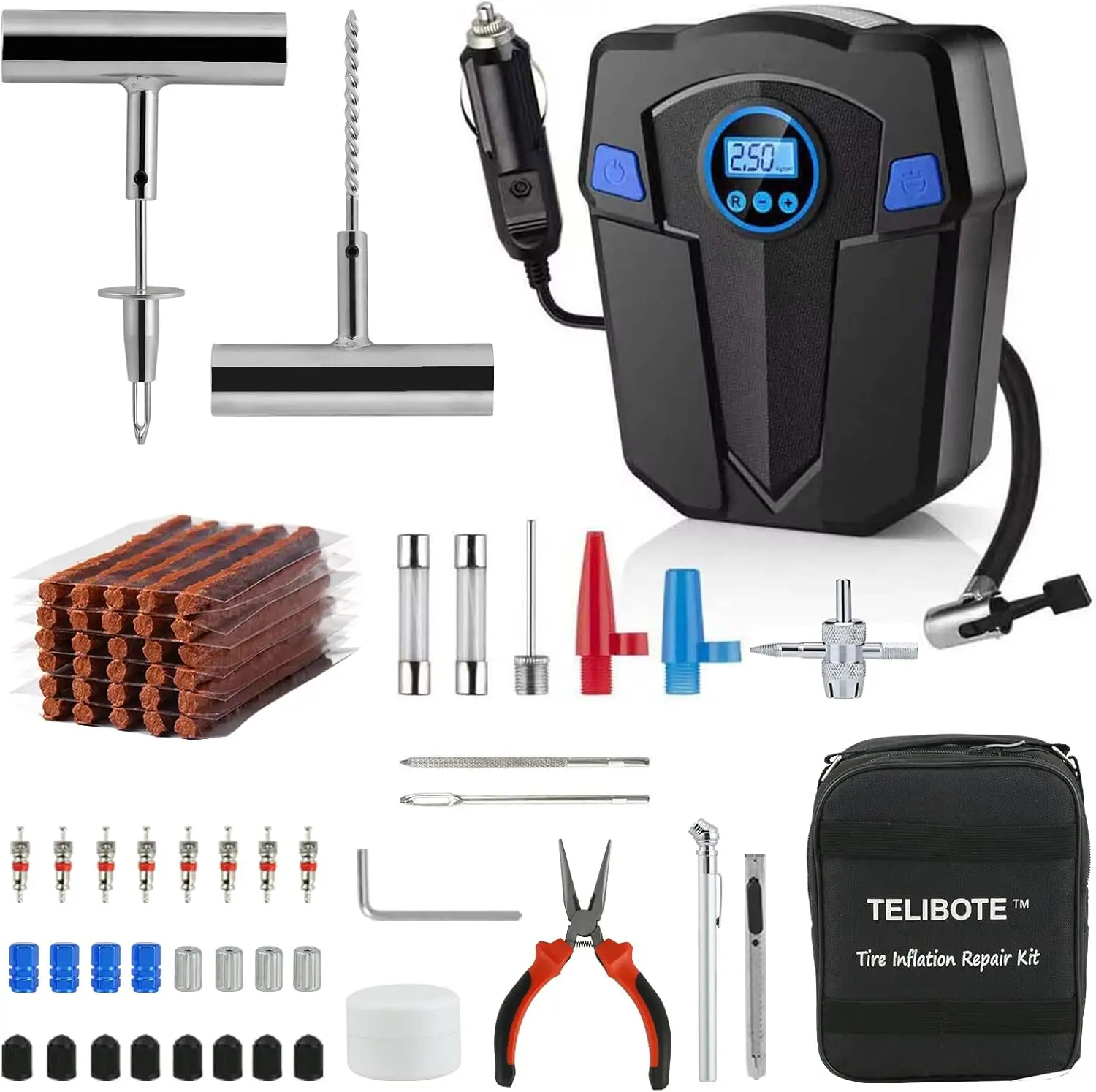 

Portable Tire Repair Kit with 12V Air Compressor for Cars, SUVs, Motorcycles, Trucks and RVs