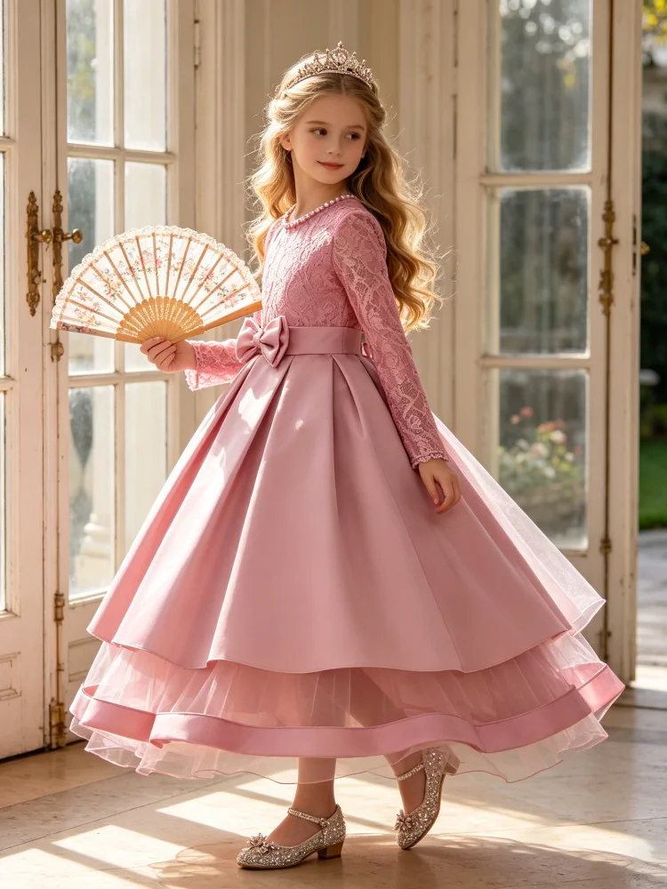 Image of Neue Blumenmädchenkleider für Hochzeiten, modisches Spitzen-Pailletten-Prinzessinnen-Geburtstagskleid, elegantes Erstkommunionkleid für Kinder von 4–14 Jahren