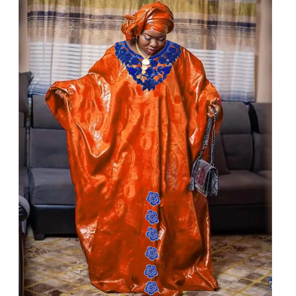 

Orange High Quality African Bazin Riche Boubou Dress For Women Nigerian Wedding Party Gown Long Robe Baisn Sewn Clothing