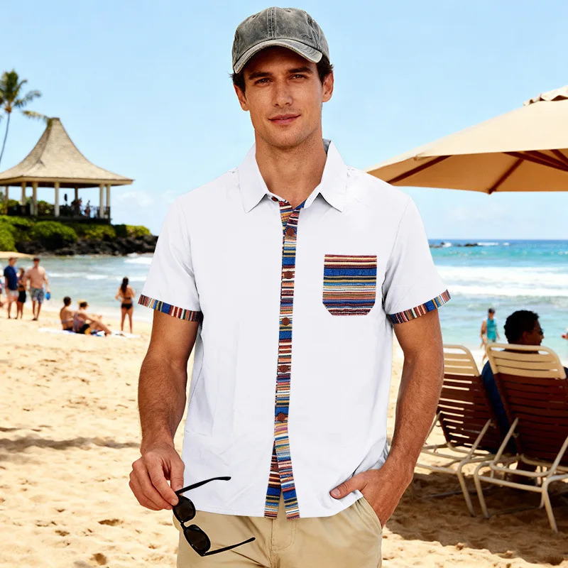

2026 Cross-border Summer American New Products Men's Contrasting Bohemian Beach Short Sleeve Casual Shirt