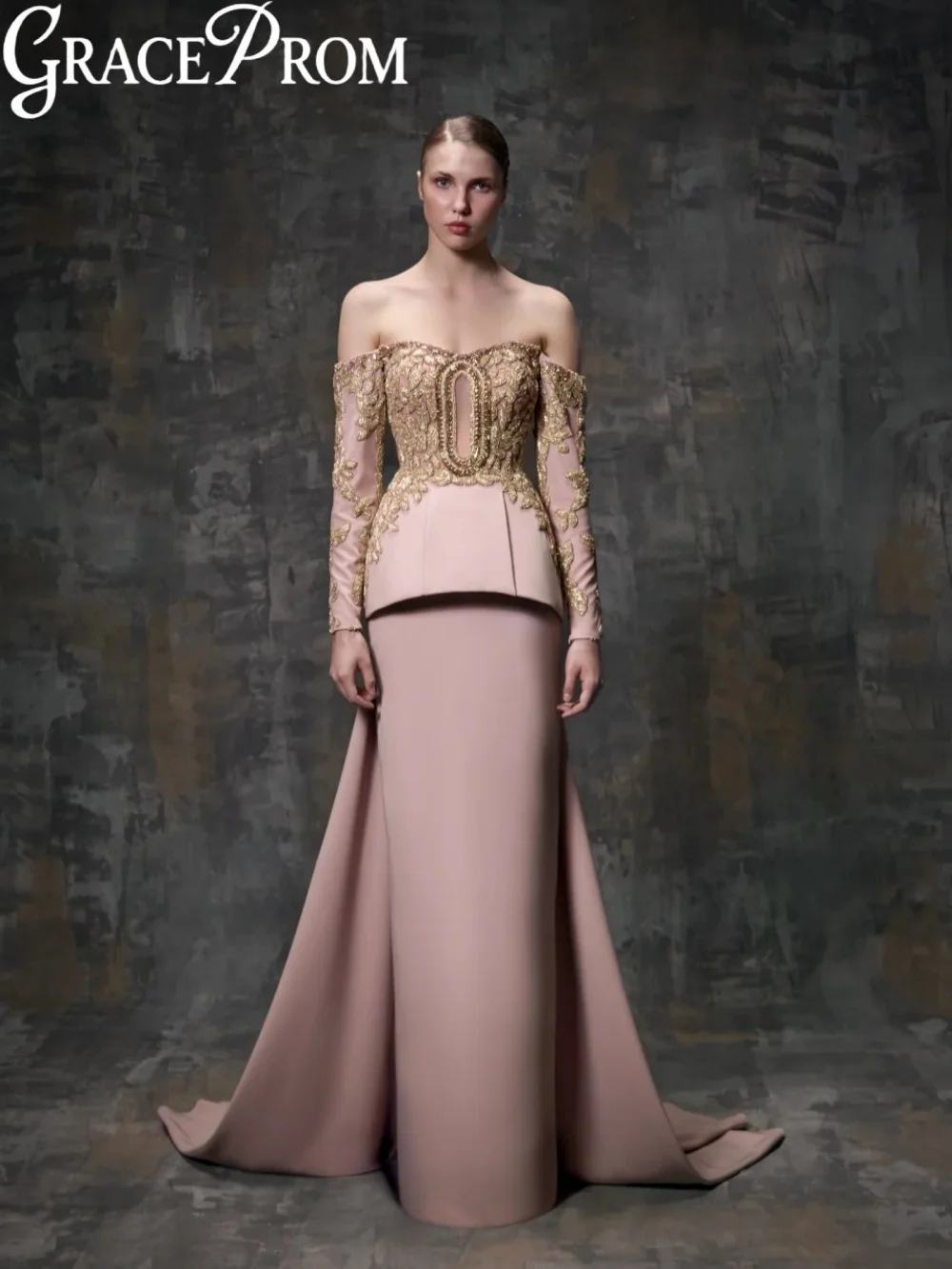 

Golden Appliques Satin Evening Dress With Corset Elegant Off Shoulder Wedding Party Gowns Customized Straight Long Banquet Gowns