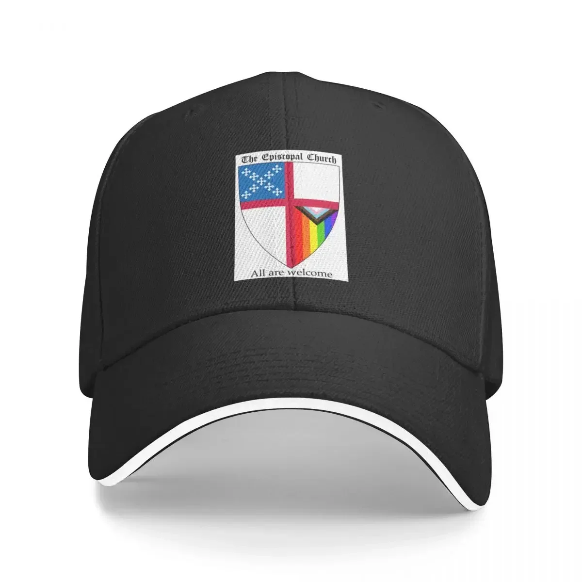 

Episcopal Church Shield with Progressive Pride Flag Vertical Rainbow - All Are Welcome 2 Baseball Cap