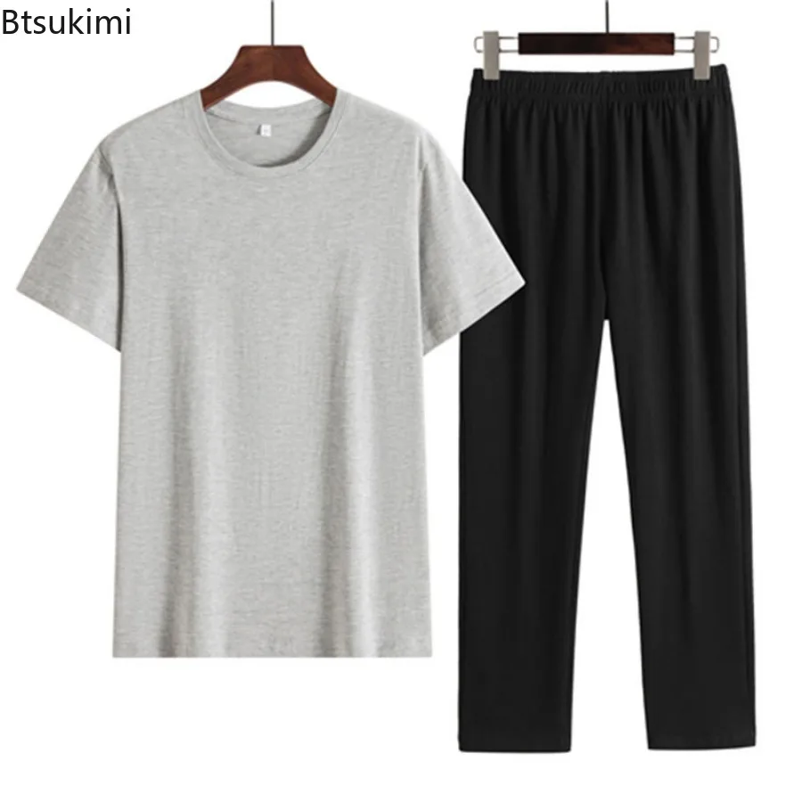 Summer Classic Men's Solid Sport Two-pieces Comfy Loose Cotton Short-sleeved O-neck T-shirt and Shorts Casual Sets Men Tracksuit