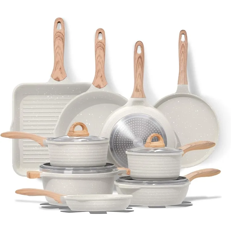 23pcs Pots and Pans Set Nonstick, White Granite Coating Cookware Sets for Kitchen, w/Frying Pan, Saucepan, Sauté Pan