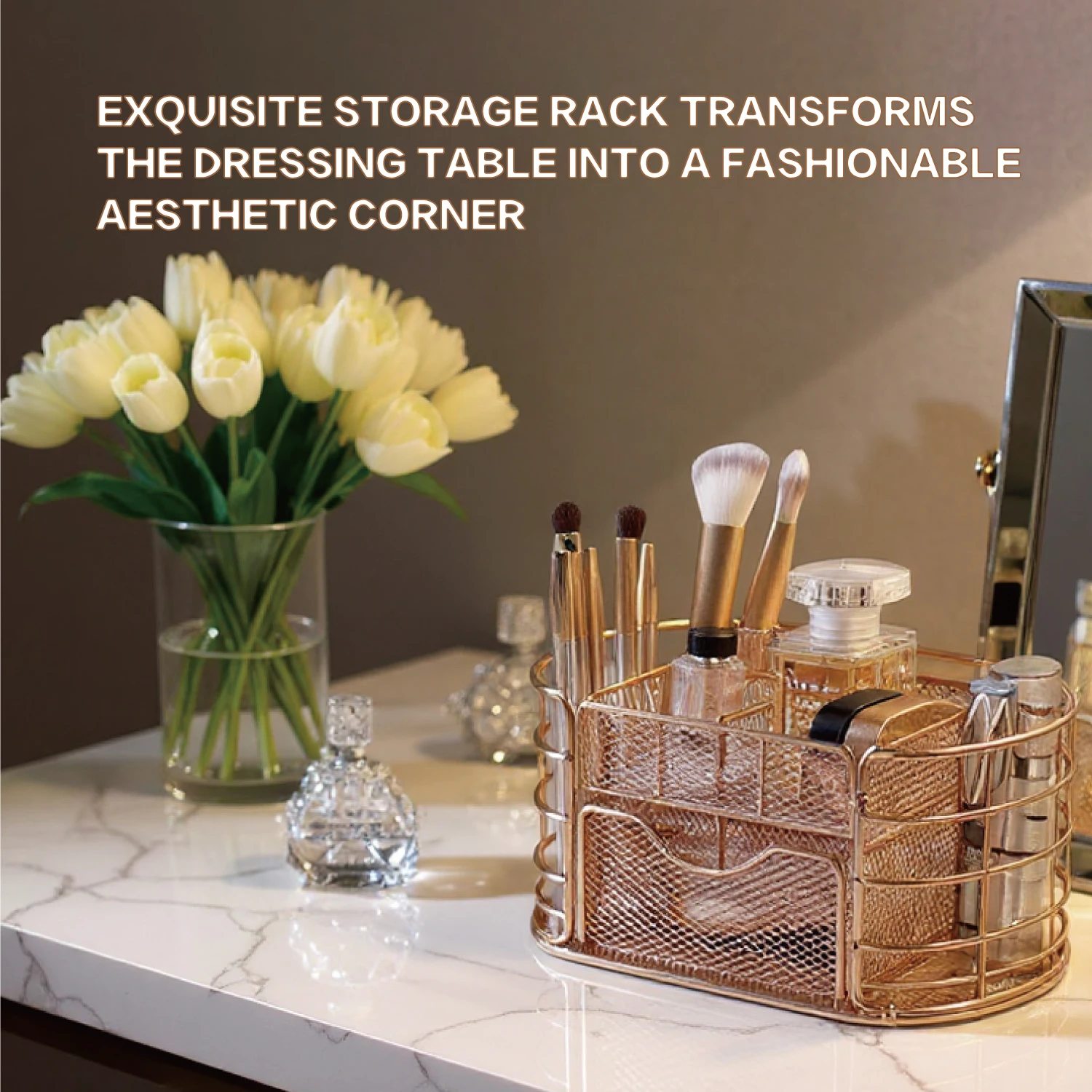 로즈 골드 데스크 정리 세트, 대형 금속 펜 홀더 (액세서리 포함), 내구성 있는 스테인리스 스틸 메이크업 브러쉬 컵, 다용도 O