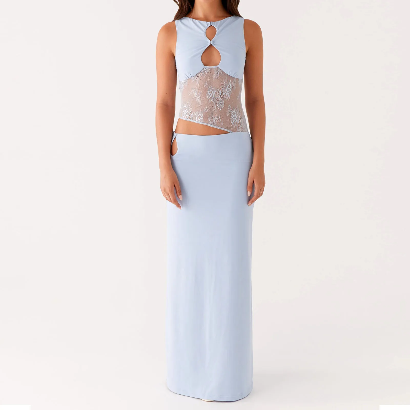 Combhasaki Women Elegant Floral Lace Sheer Patchwork Waist Cutout Hollowed Sleeveless Summer Casual Bodycon Straight Long Dress