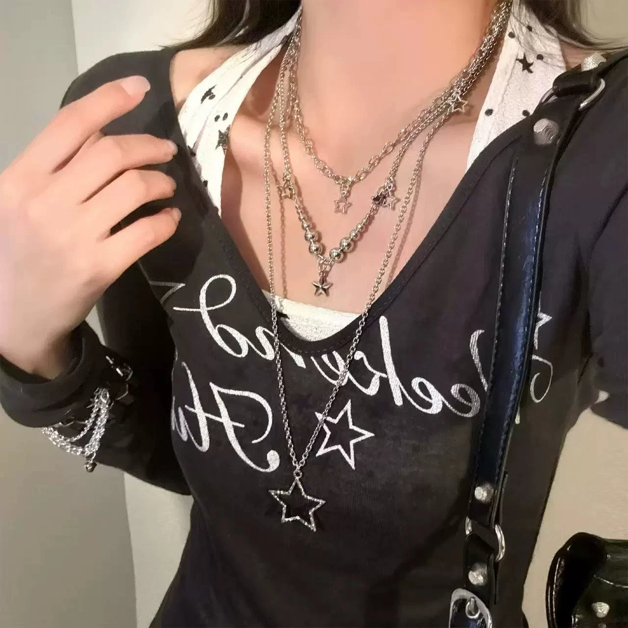 Trendige Y2K Stern-Anhänger Halsketten-Set Vintage Goth Einfache Mehrschichtige Metallketten-Halsketten Damen Charm Statement Schmuck Geschenke – Detail 5