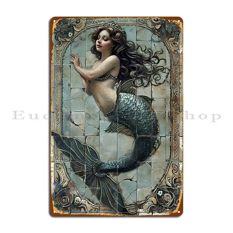 Grecian Tile Mermaid Four Metal Signs Customize Wall Cave Wall Pub Mural Character Tin Sign Poster