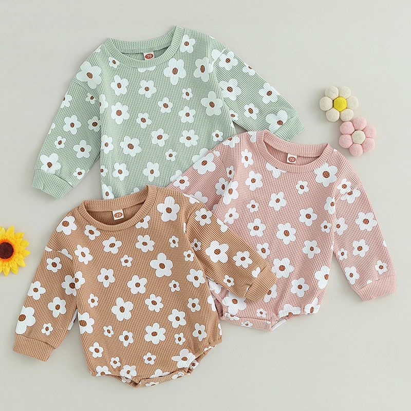 Baby Girls Waffle Knit Romper Floral Print Long Sleeve Jumpsuits for Newborn Infant Toddler Cute Clothes 0-24Months