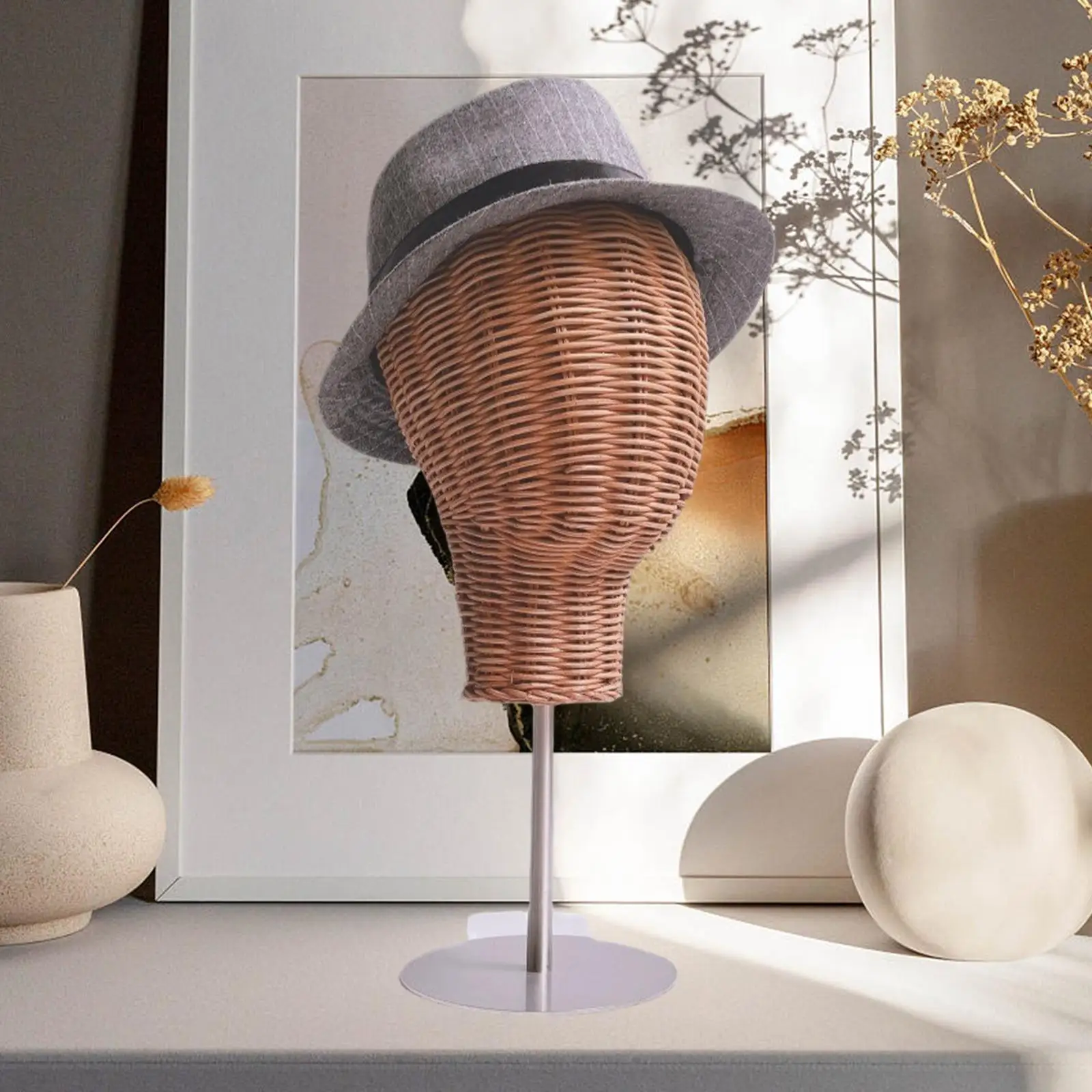 Rattan Mannequin Kopf stehen Puppe Kopf Modell einzigartige Hut Lagerung Perücke Display Kopf Hut Display Ständer für Friseursalon Kopfschmuck