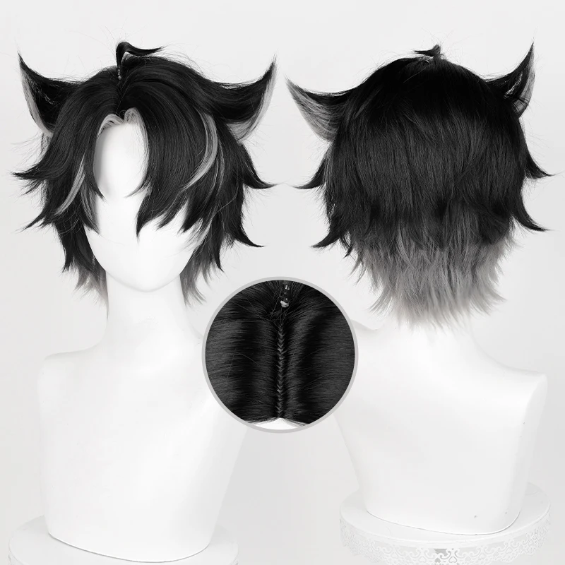 Fontaine Wriothesley Cosplay Wig 30cm Black Gradient Gray Wigs Heat Resistant Synthetic Wigs