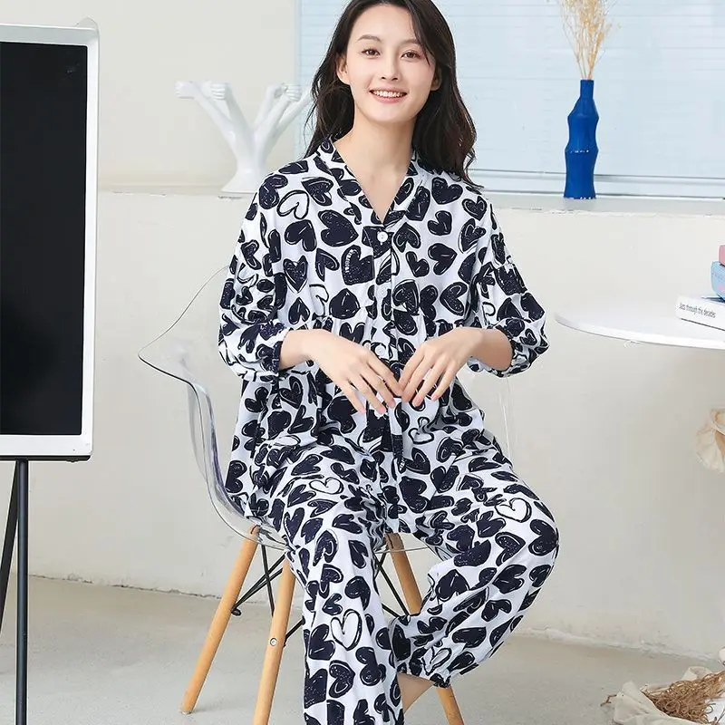 New Pajamas Cotton Silk Loose Female Summer Loose Lantern Sleeve Air Conditioning Set Thin Home Jacket Cardigan Two-piece Set