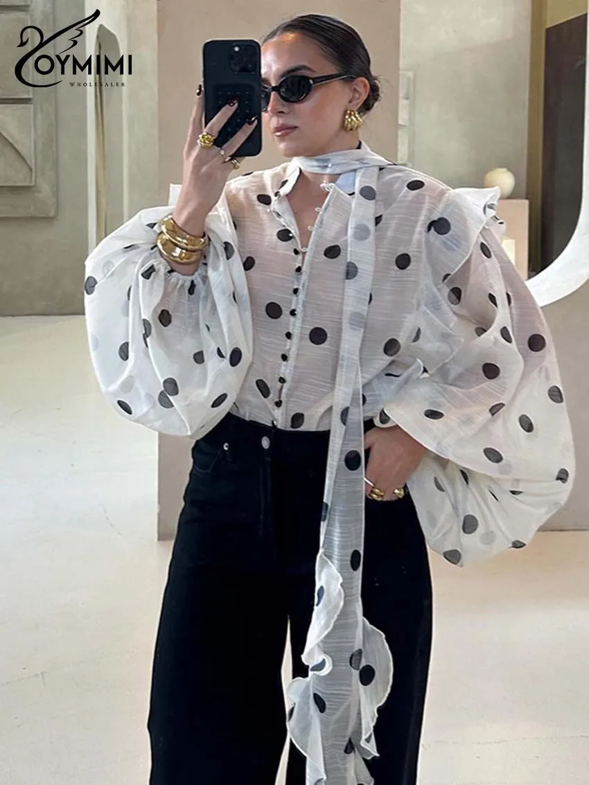 Oymimi بلوزات نسائية بيضاء مطبوعة أنيقة برباط وأكمام منتفخة بلوزات مكشكشة للخريف بلوزة فضفاضة غير رسمية واحدة الصدر #5