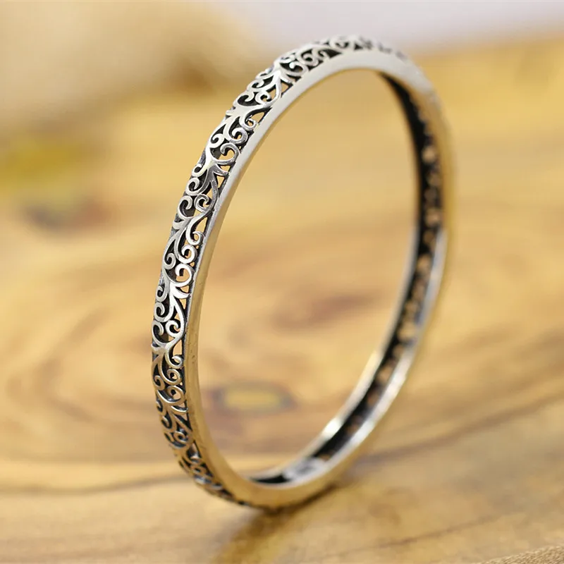 

Unusual Hollow Vines Bangles Women Glossy Thai Silver Ethnic Jewelry 60MM Inner Diameter 925 Sterling Silver Vintage Bracelets