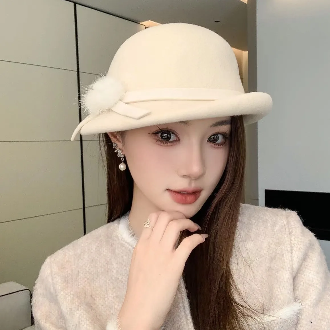 

French elegant mink hairball bow Fisherman hat High quality Australian woolen top hat Fashion girl painter hat