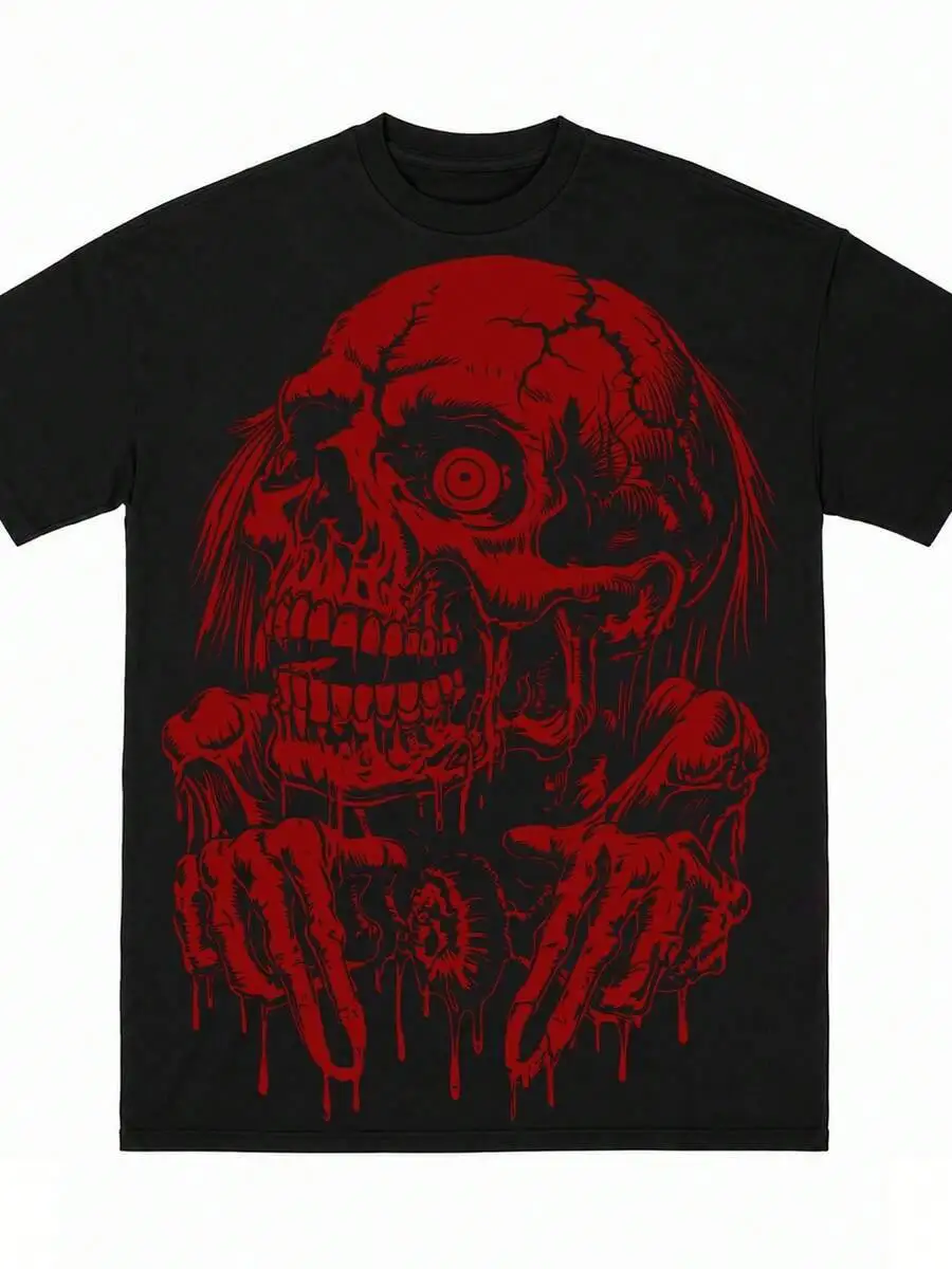 Men Zombie Skull Horror Oversized Print T-Shirt Black Hip Hop Spring Autumn Outdoor Daily Tee 100% Cotton Trendy Y2K