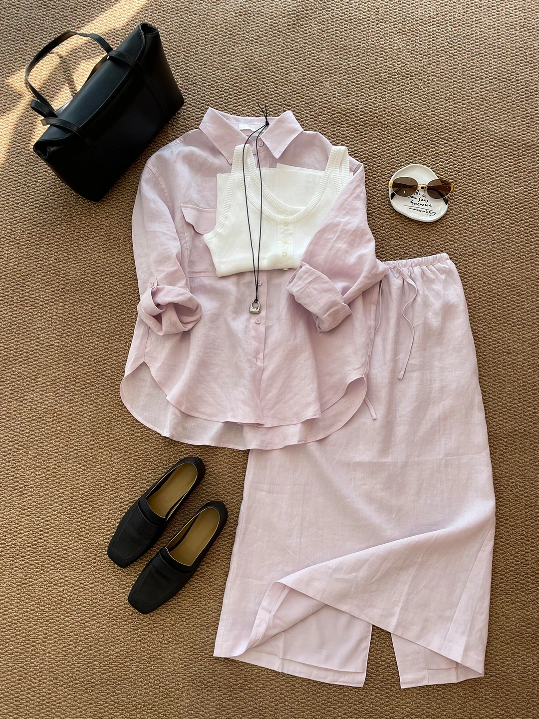 Casual Linen Cotton Blend Shirt And Skirt Set Women's Low Saturation Pink Purple Summer Sun Protection Clothing Two-Piece Set
