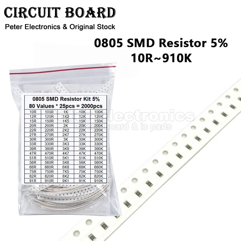 

(2000pcs) 0805 SMD Resistor 5% Assorted Kit 10R 100R 1K 100K 47R 33R 51K 47K 68K 910K 220K 80ValuesX 25PCS