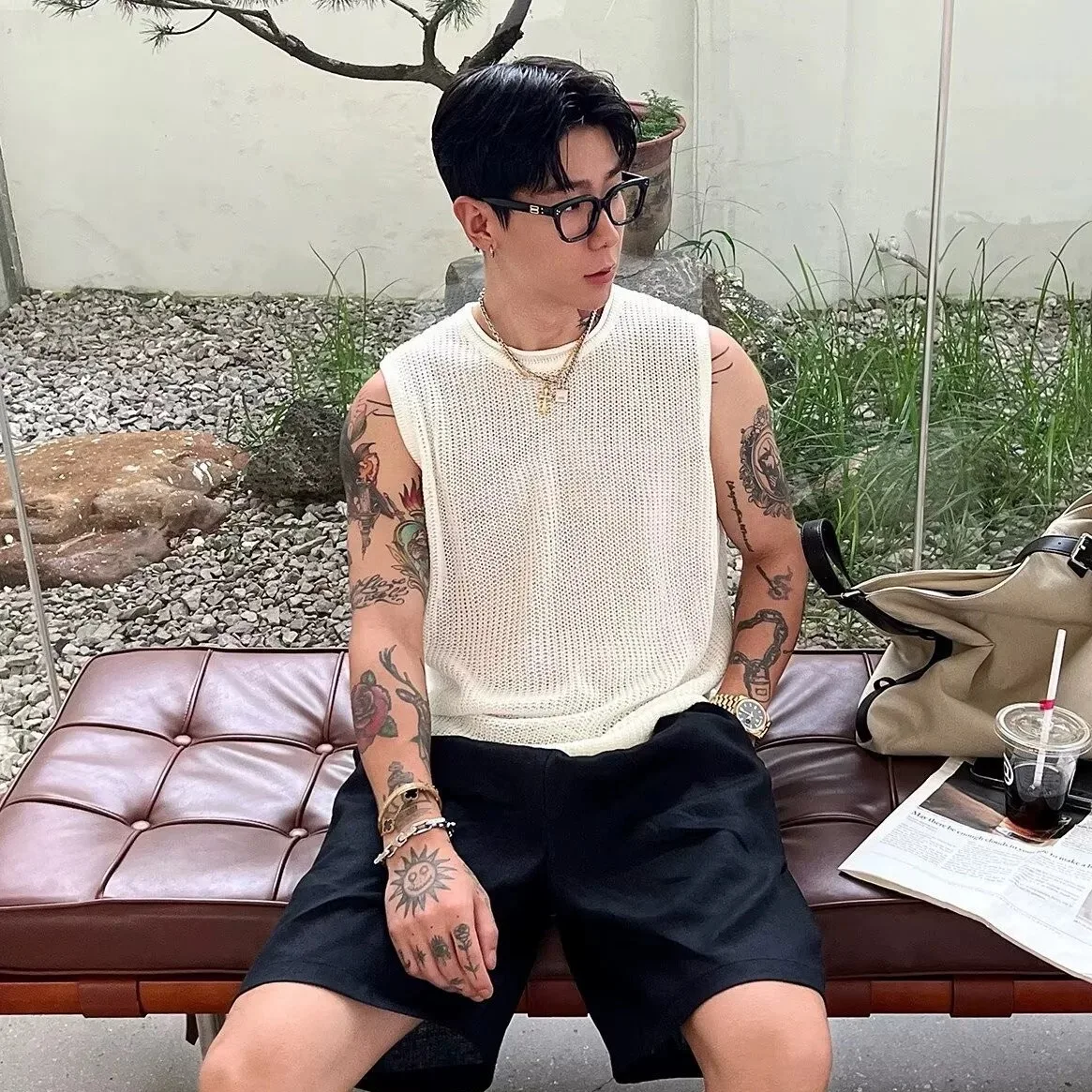 Men Knit Ethnic Hollow Out Holes Summer Shirts Tops Male Tropical Travel Holiday Hohemian Club Blouse Tees Camis Handsome Vest