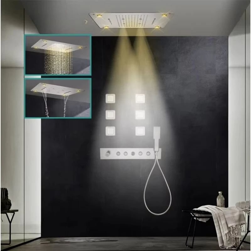 Ceiling Rain LED Thermostatic Shower System High Quality Brass Square Modern Ceramic Hotel  Shower Set Body Jets