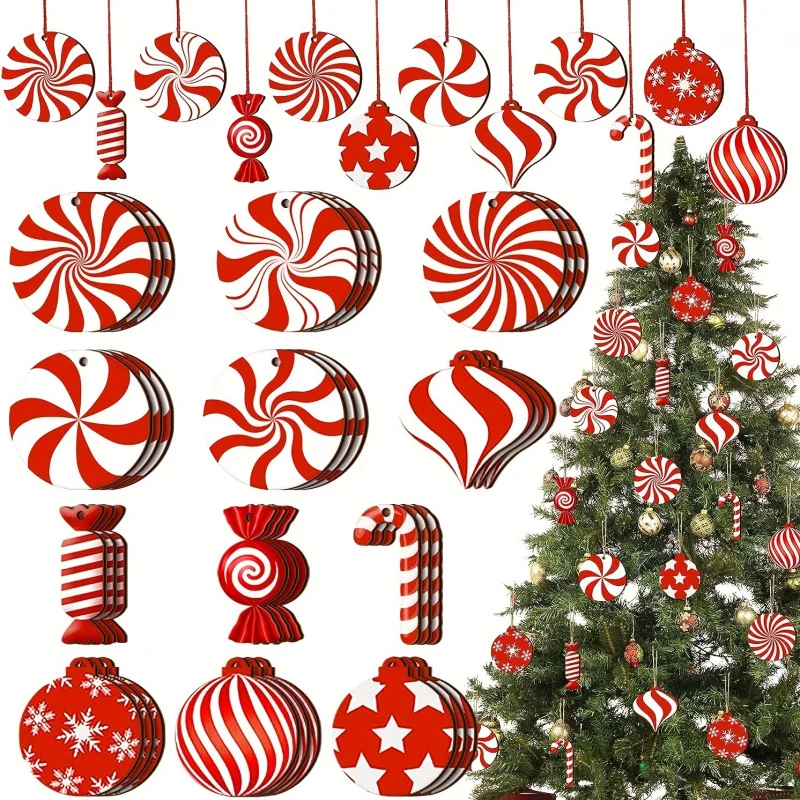 Decorated Christmas tree wooden carving candy cane set of 24 explosive pendants