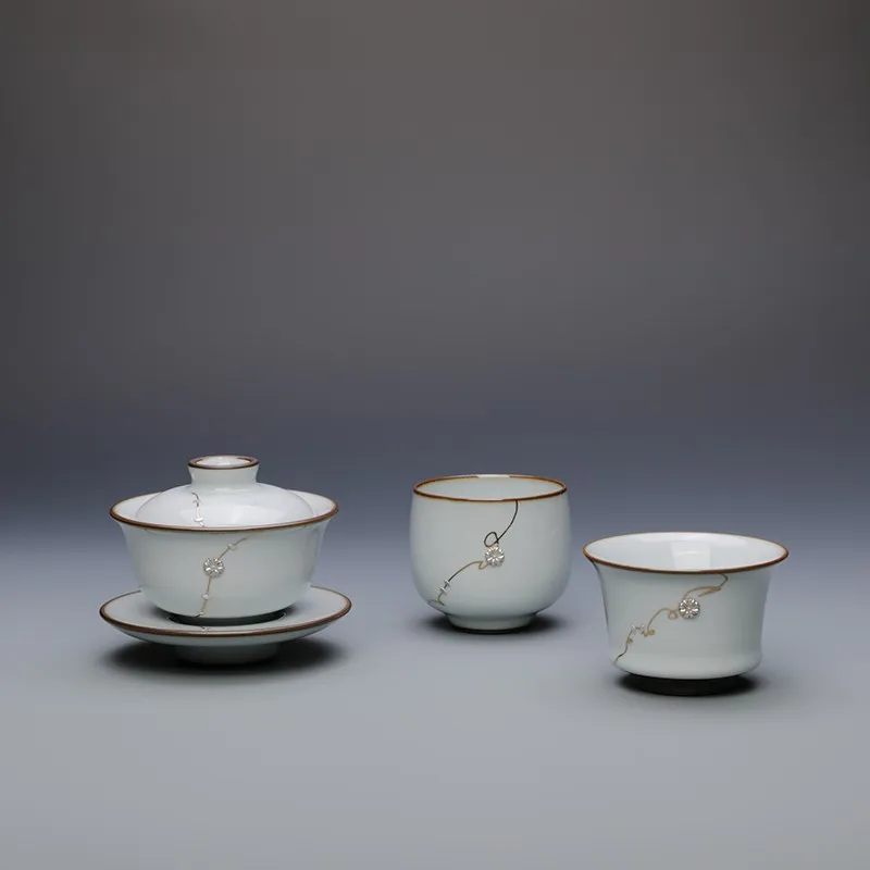 Guanfu Museum Imitation Official Glaze Porcelain Set Antique Style Official Kiln Handmade Jingdezhen Tea Cup Cover Teacup Silver