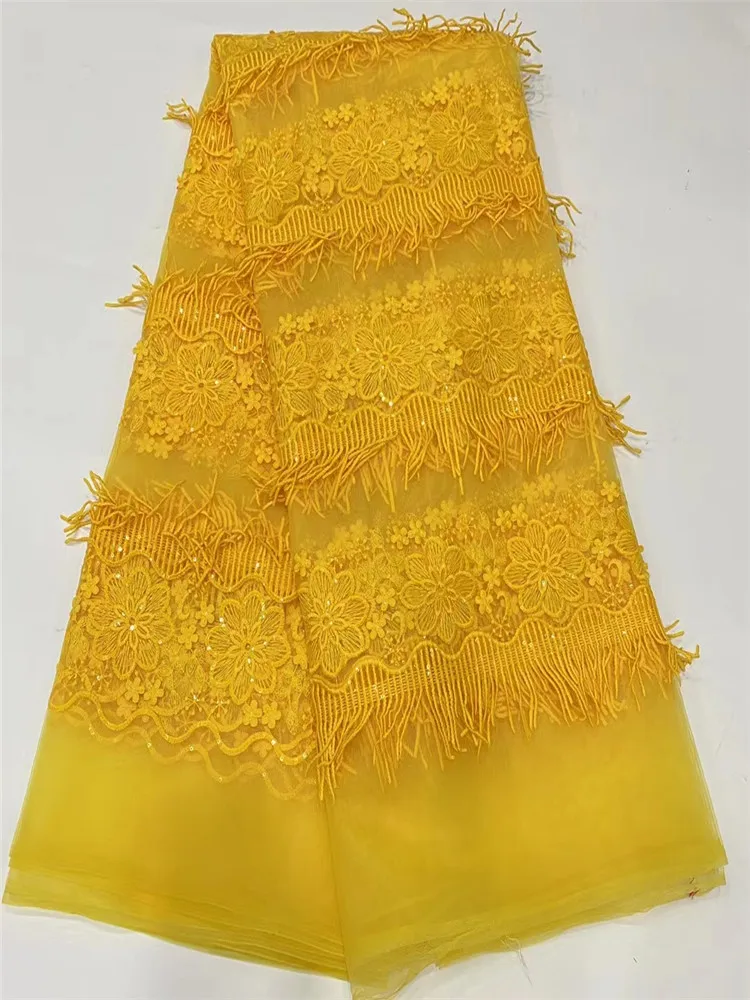 

Hot Sale African Lace Fabric 2022 New High Quality Lace Yellow French African Guipure Lace Cord With Sequins For Wedding 5 Yards