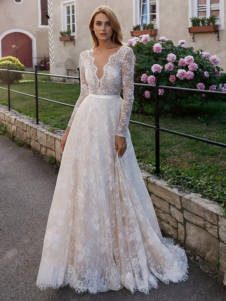 Romantic Women Wedding Dresses Luxurious V-Neck Flower Lace Print Bride Gowns High Quality Floor Mopping Women Vestidos De Novia