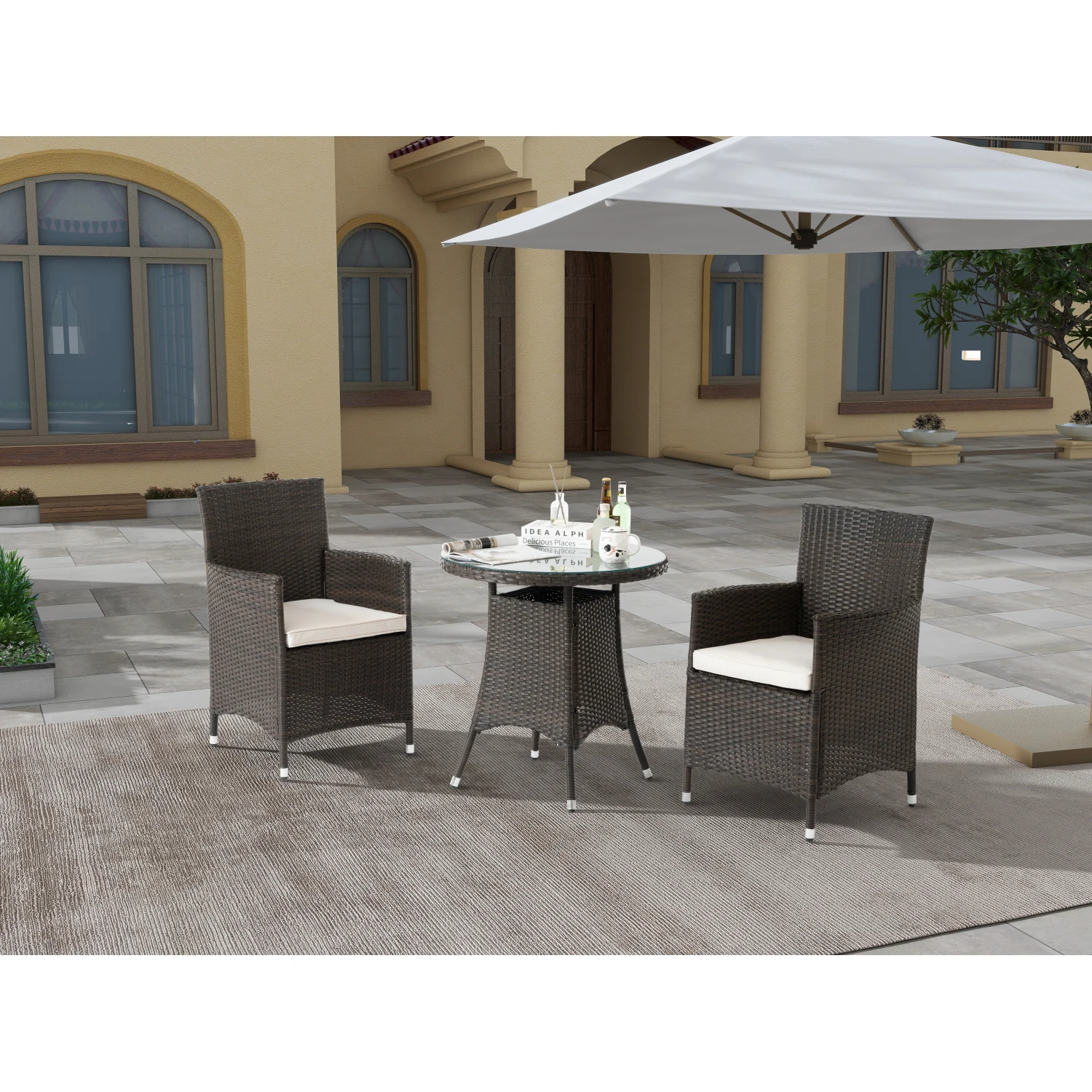 

3 Piece Outdoor Dining Set All-Weather Wicker Patio Dining Table and Chairs with Cushions, Round Tempered Glass Tabletop for Pat