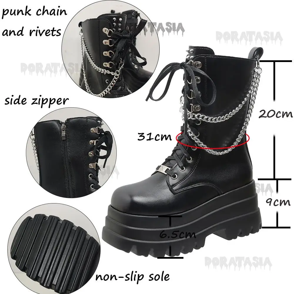 Punk Cool Girl Retro Women Boots High Heeled Thick Bottom Chain Goth Ankle Boots Casual Comfy Vintage Winter Shoes For Woman