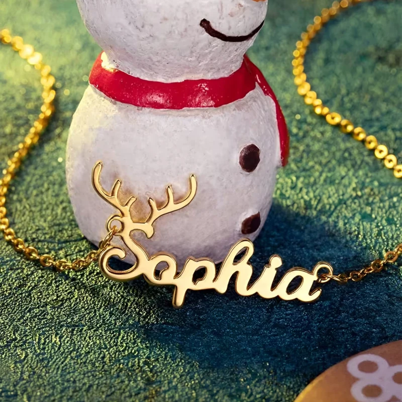 Custom Name Pendant Necklace Antlers Christmas Tree Personalized Stainless Steel 18k Plated Pendant Necklaces Christmas Gift