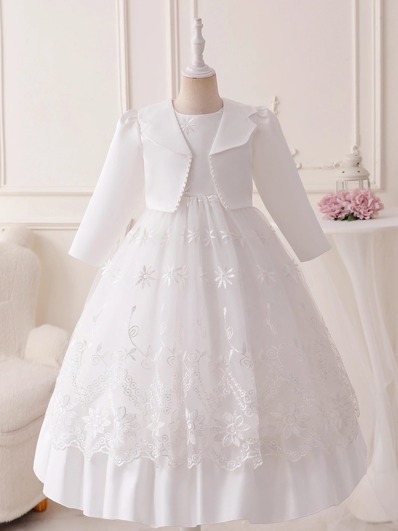 

Girls' White Dress Set Wedding Flower Girl Yarn Skirt Long Sleeve Autumn/Winter (with Coat)