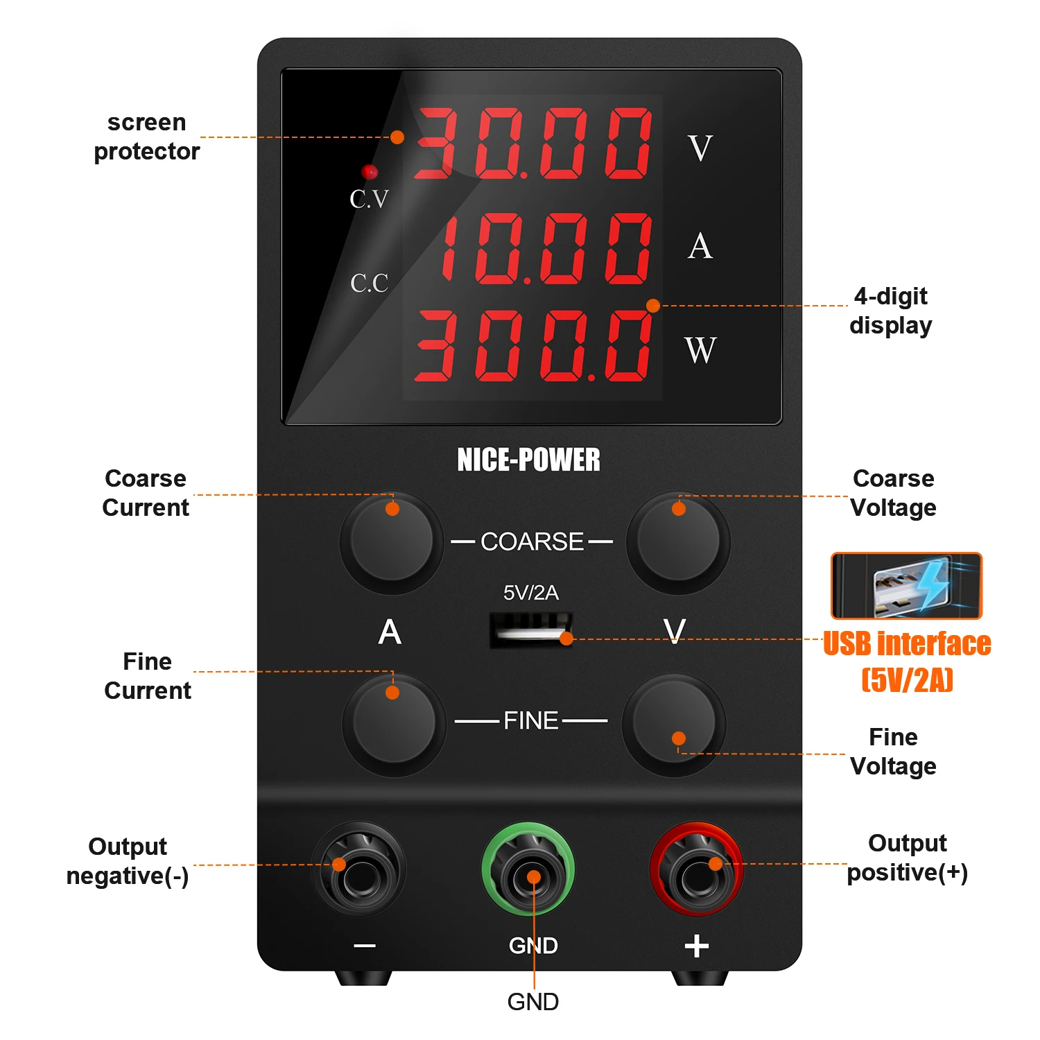 Adjustable DC Power Supply 30V5A150W Variable Bench Power Supply with 4-Digit LED Display,USB Port, for Lab, Electronics Repair, image 3