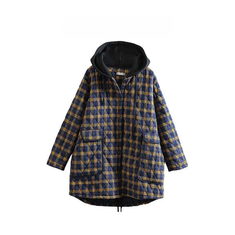 

Thiened Cotton Linen Jaet with Hood Long Sve Loose Fit Autumn Winter Women's Coat Retro Sle id Pattern Mid-Length