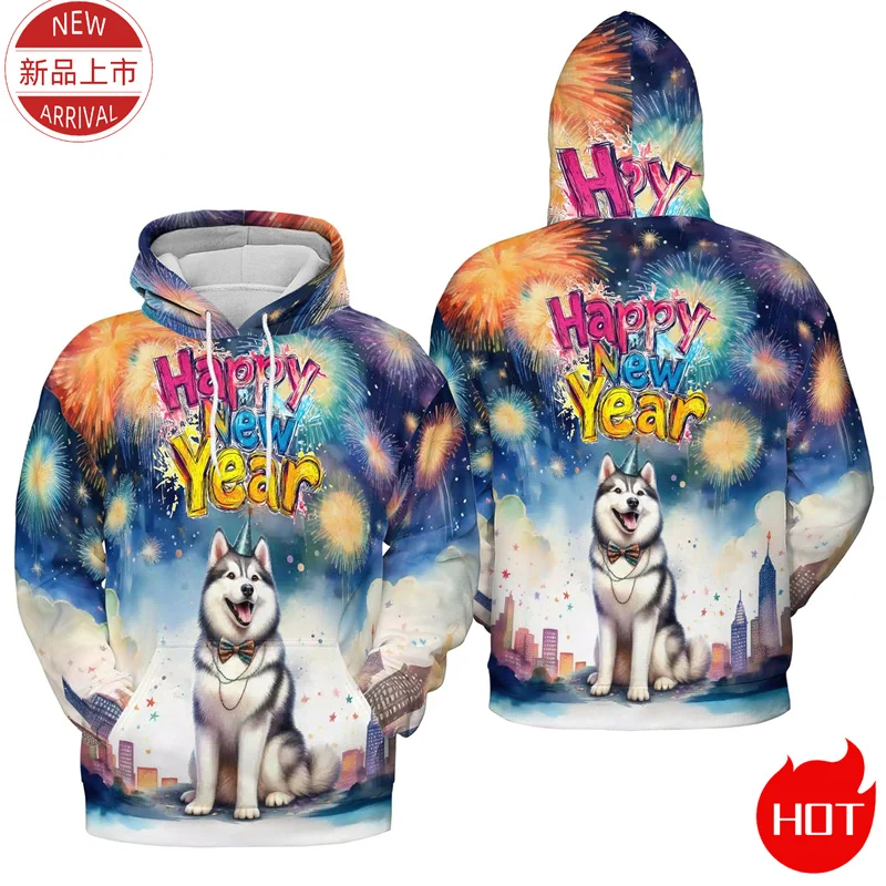 Happy New Year 2025 3D Printing Hoodies Year Of The Snake Firework Dog Lovers Graphic Hooded Sweatshirts Funny Mens Clothing Top