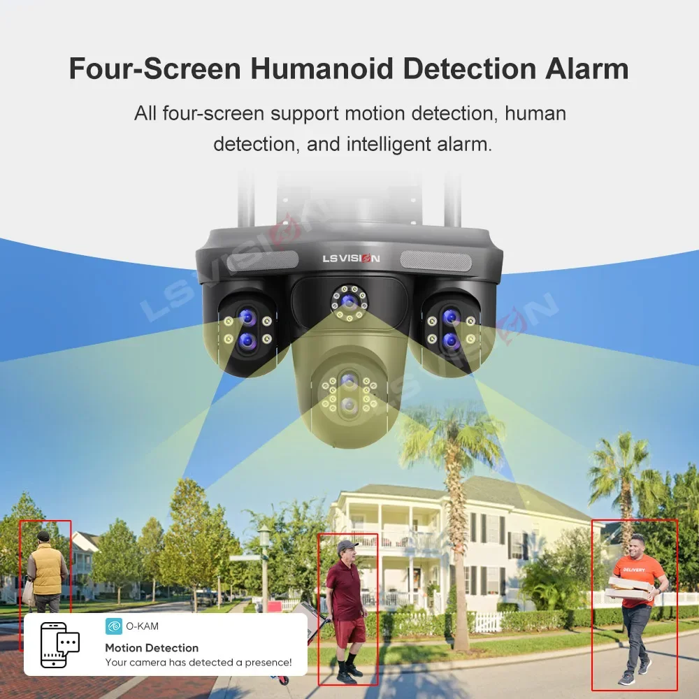 LS VISION 35MP Four Screens WiFi Security Camera Outdoor Seven Lens Three PTZ 10X Optical Zoom Cameras Auto Tracking CCTV Camera