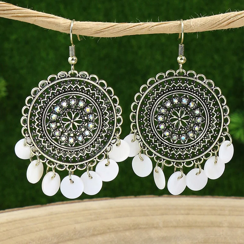Vintage Ethnic Style Hollow Water Drop Pendant Earrings for Women Long Antique Silver Color Elegant Earring Jhumka Jewelry