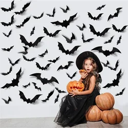 12/24/48pcs Halloween Wall Stickers 3D Black PVC Bat Halloween Party Decoration  Scary Decos Props DIY Decor Bar Room Kids Toys