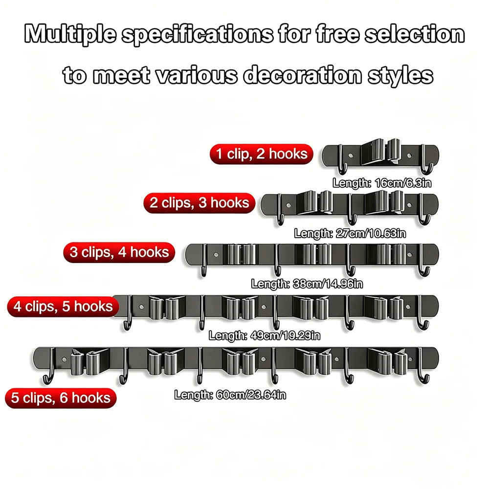 Punch-Free Stainless Steel Mop Holder Wall Mount Broom Organizer with Hooks for Bathroom