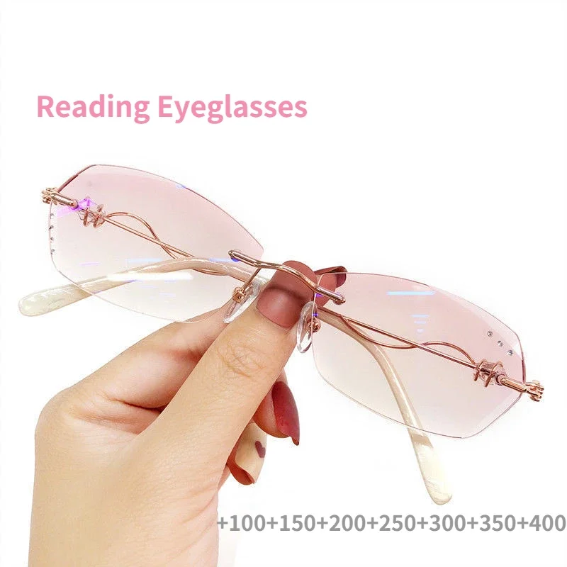 Diamond Cutting Reading Eyeglasses Alloy Rimless Women Pink Gradient Reading Glasses Woman Rhinestone Metal Anti Blue +3.0 안경