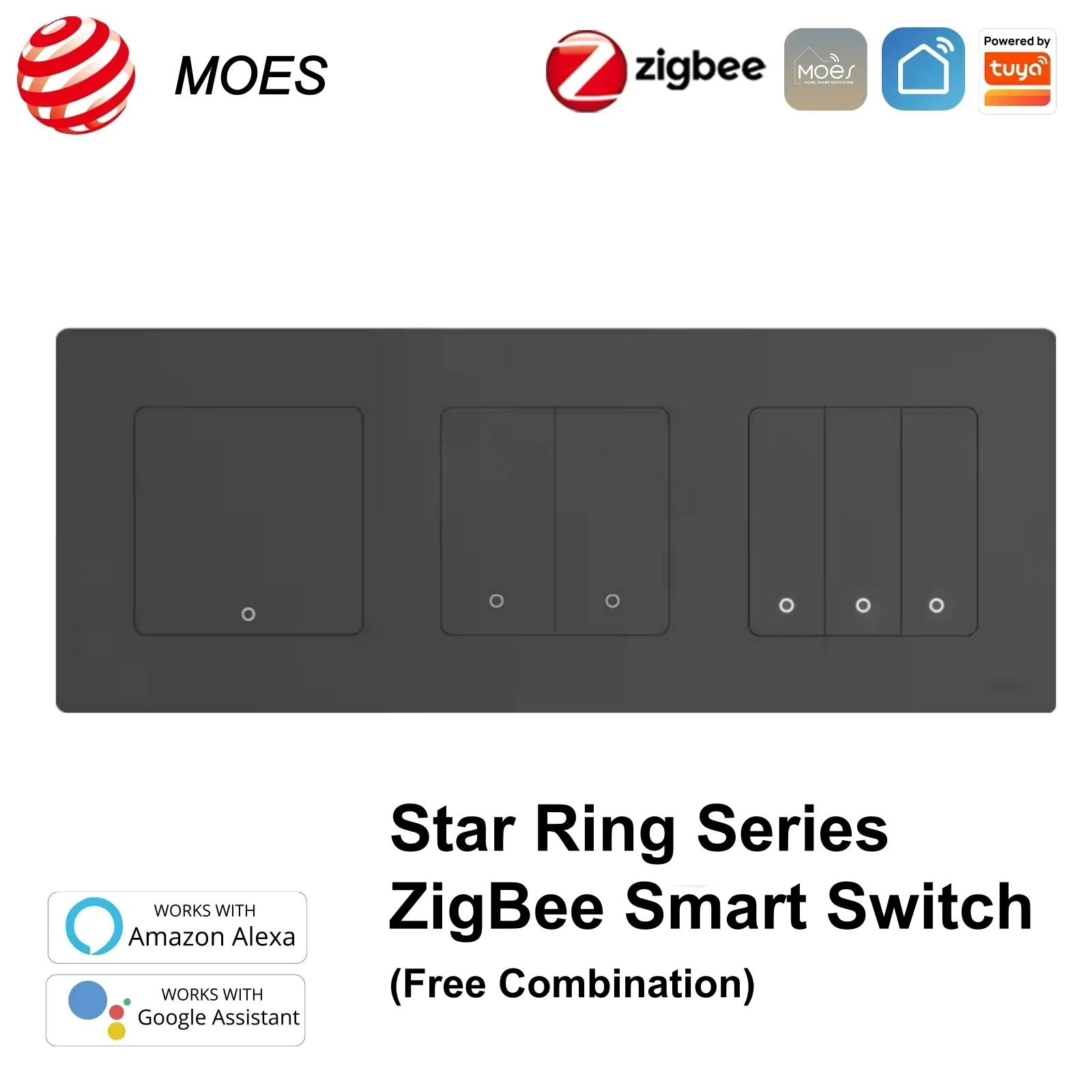 

MOES New Star Ring Tuya Smart ZigBee3.0 Кнопочный выключатель/выключатель света с дистанционным управлением через приложение Smart Life, совместимый с Alexa и Google