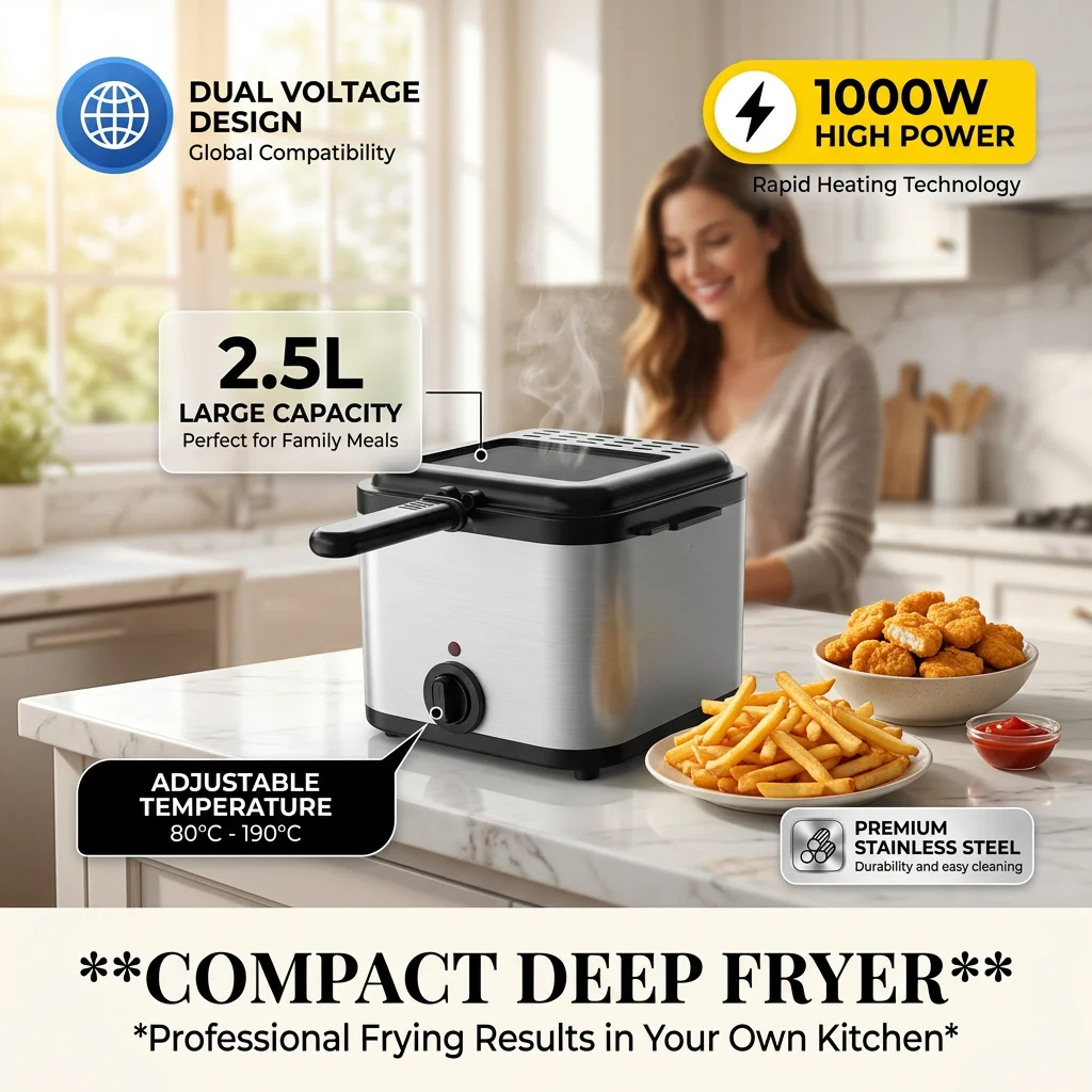 Freidora Eléctrica Cuadrada Multifuncional de Acero Inoxidable de 110V/220V y 1000W, 2.5L, para el Hogar