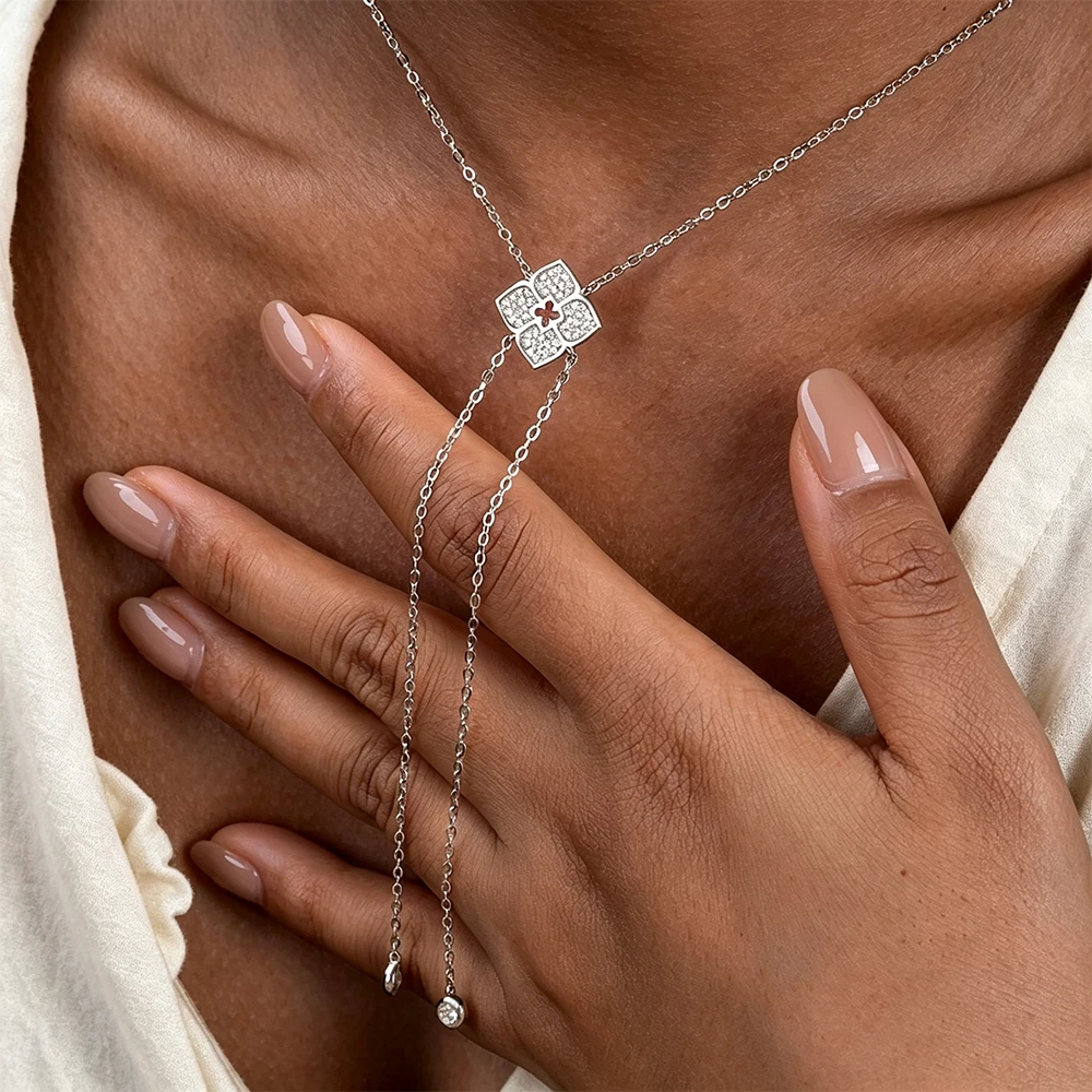 Flower Full Moissanite Necklaces Sparkling Long Pendant Chain Wedding Girls Gift Lab Diamond Pendant 925 Sterling Silver Jewelry