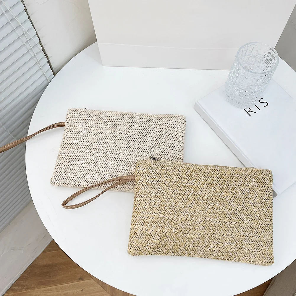 Fashion Women Bohemian Woven Clutch Wristlet Bag Casual Ladies Summer Beach Solid Color Small Handbags Purse White Beige Gifts